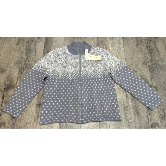 Norton Wool Sweater Cardigan Womens Medium Wool Blend Blue Fair Isle Zip NEW - Picture 1 of 7